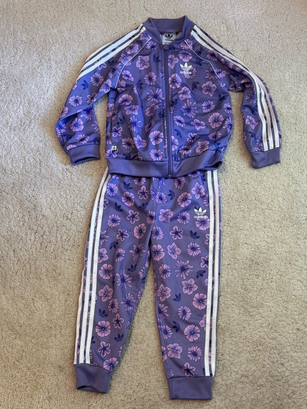 adidas Girls 4T Purple Floral Tracksuit Set with White Stripes